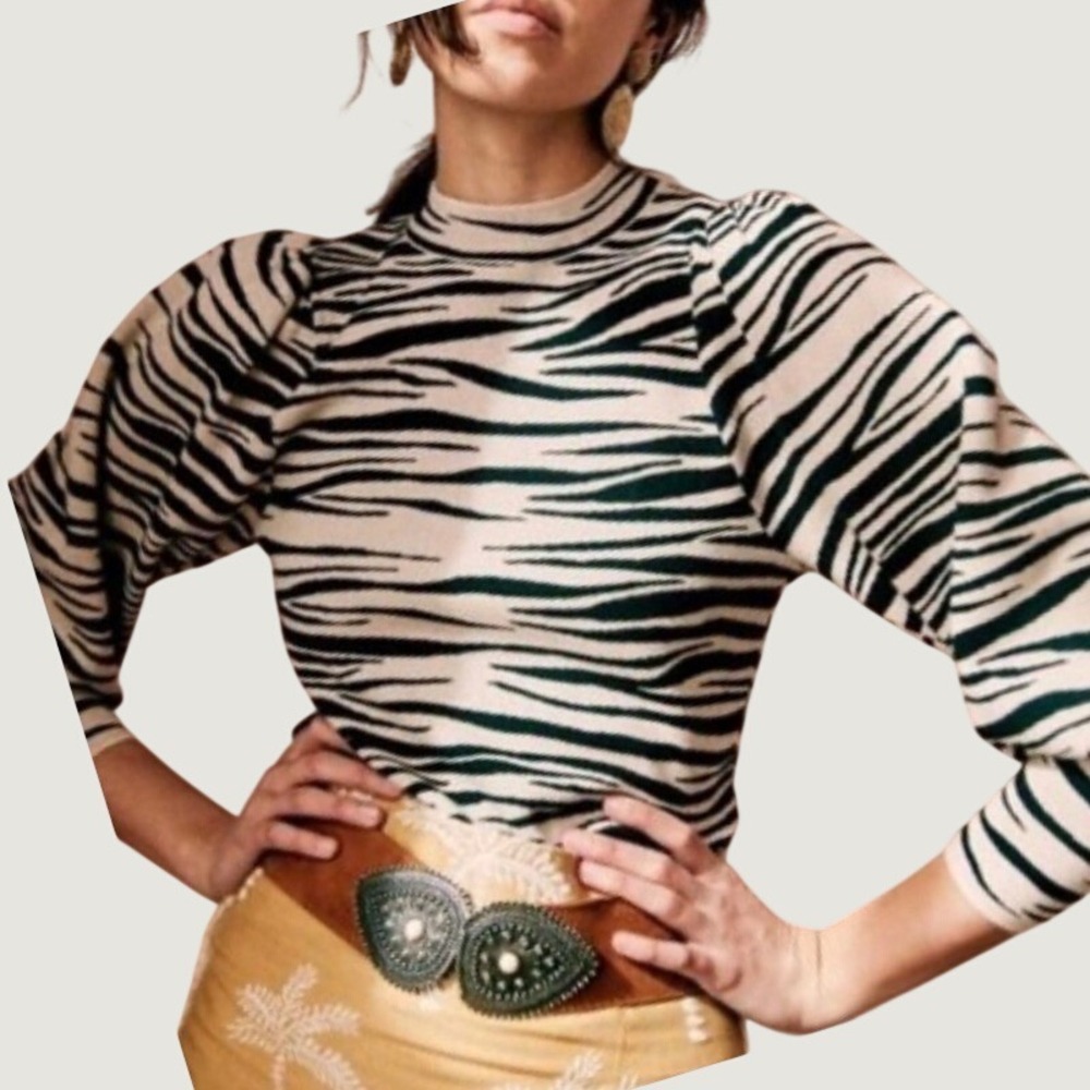 La Maille Sezane Denver Jumper S Zebra Print Puff Sleeve Top Ecru Black